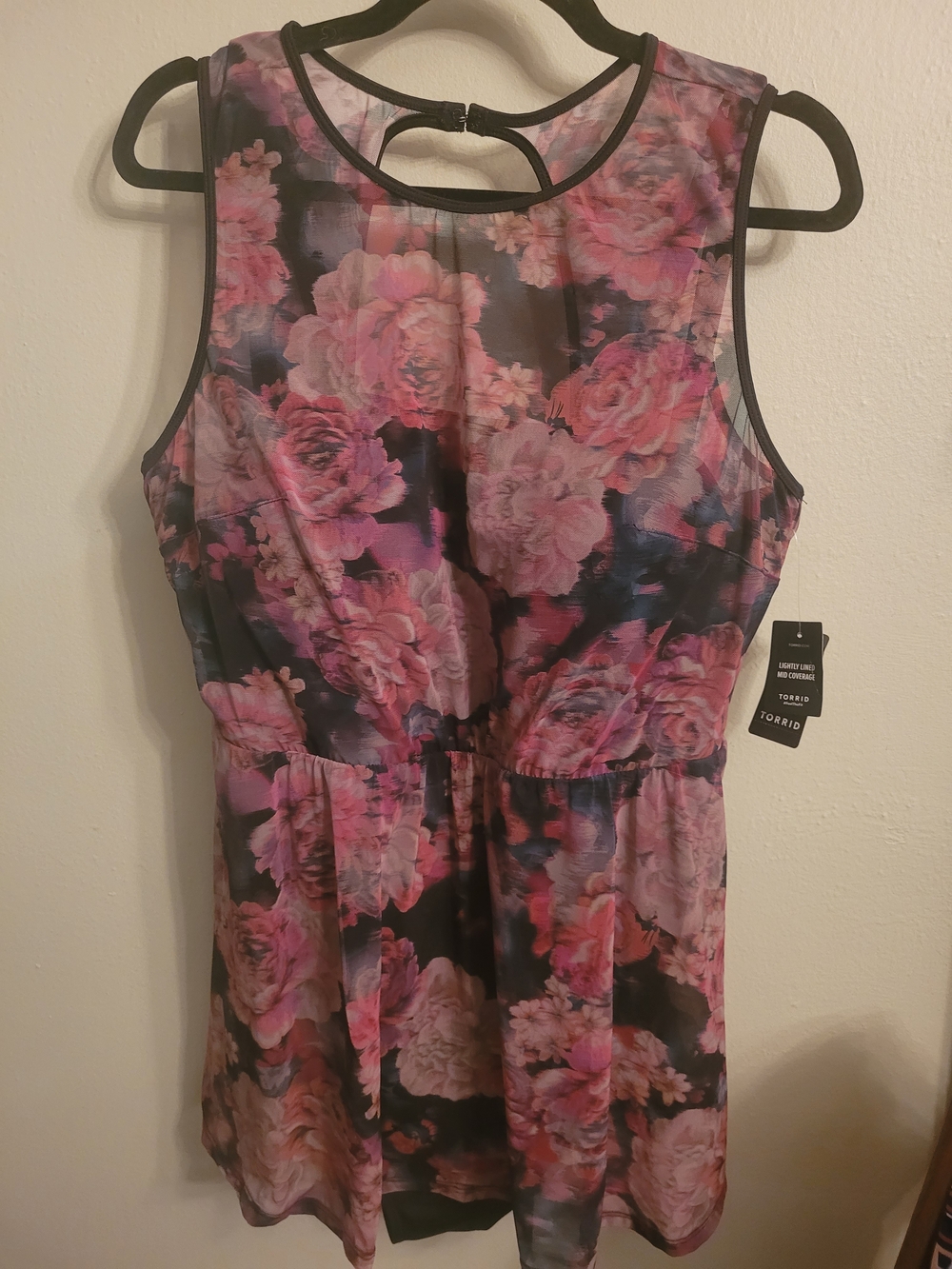 Torrid Black and Pink Rose Mesh One Piece Swimsuit Dress 2D-DD - Picture 4 of 6